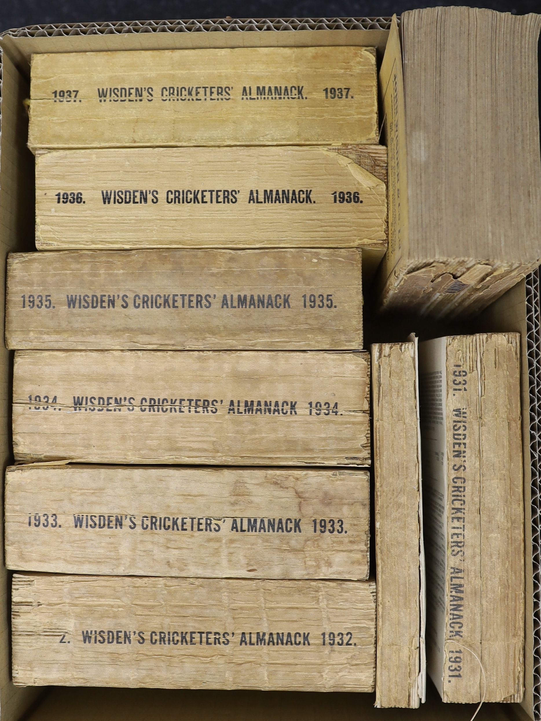 Wisden - John Wisden’s Cricketer’s Almanack for 1930-37, with original wrappers, loss to spine of year 1930 (8)